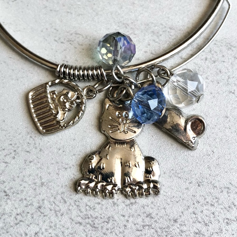 Cat Mouse Bead Silver Charm Bangle Bracelet
